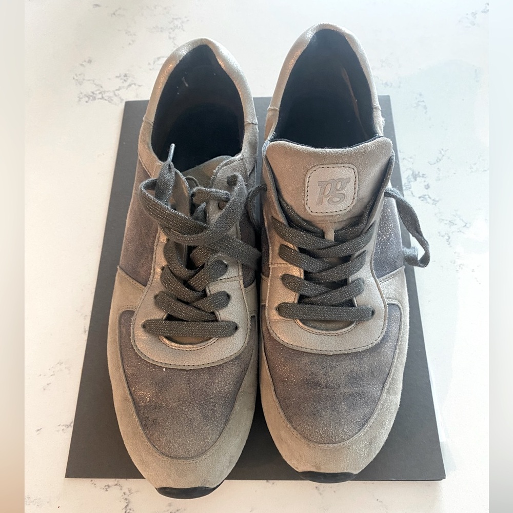 Paul Green leather sneakers in subtle pewter metallic leather &taupe suede sz 10